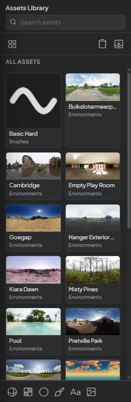 Assets Library panel with search, asset grid, and type filters