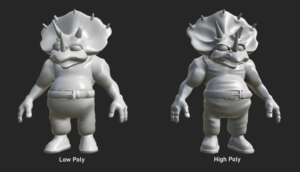 Side-by-side comparison of low poly and high poly character models