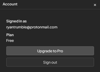 Signed-in account panel showing Free plan and Upgrade to Pro action