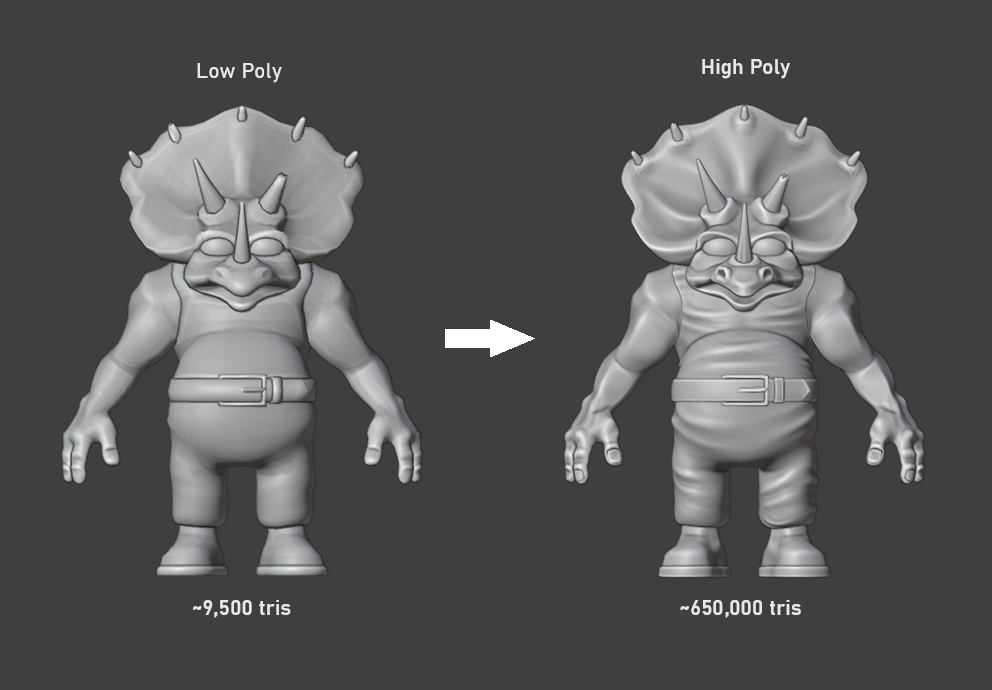 Low-poly and high-poly character meshes compared — lower triangle count on the left, higher detail on the right