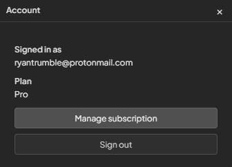 Pro account panel showing Manage subscription and Sign out actions