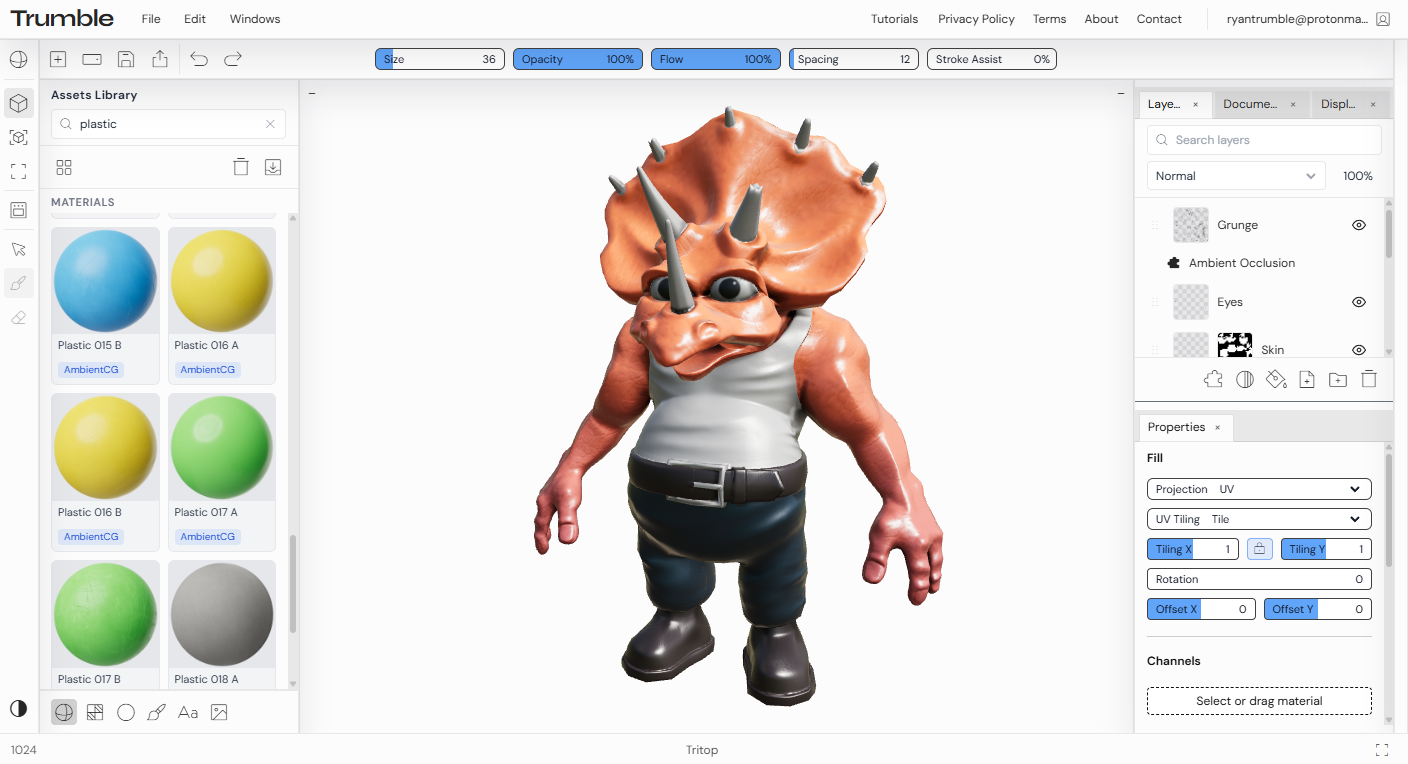 Trumble texture tool (light theme): 3D viewport with a painted character, materials library, layers, and brush settings.
