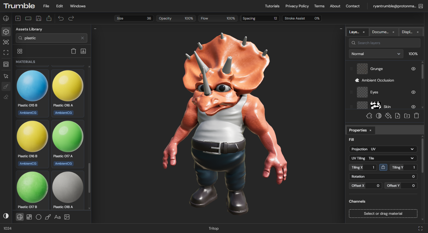 Trumble texture tool (dark theme): 3D viewport with a painted character, materials library, layers, and brush settings.