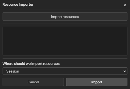 Resource Importer dialog with import area, scope dropdown, and Cancel and Import actions