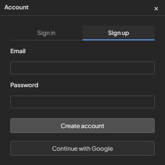 Account panel sign-up form with email, password, and create account controls